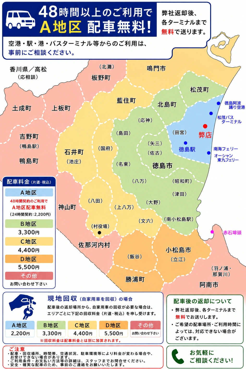 徳島県内の配車・現地回収エリア。A地区2,200円、B地区3,300円、C地区4,400円、D地区5,500円。48時間以上の契約ではA地区の配車無料。