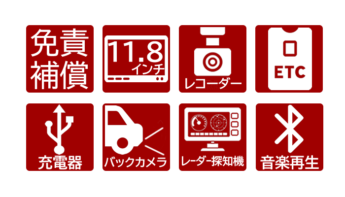 免責補償、11.8インチモニター、ドライブレコーダー、ETC、充電器、バックカメラ、レーダー探知機、Bluetooth音楽再生の装備案内
